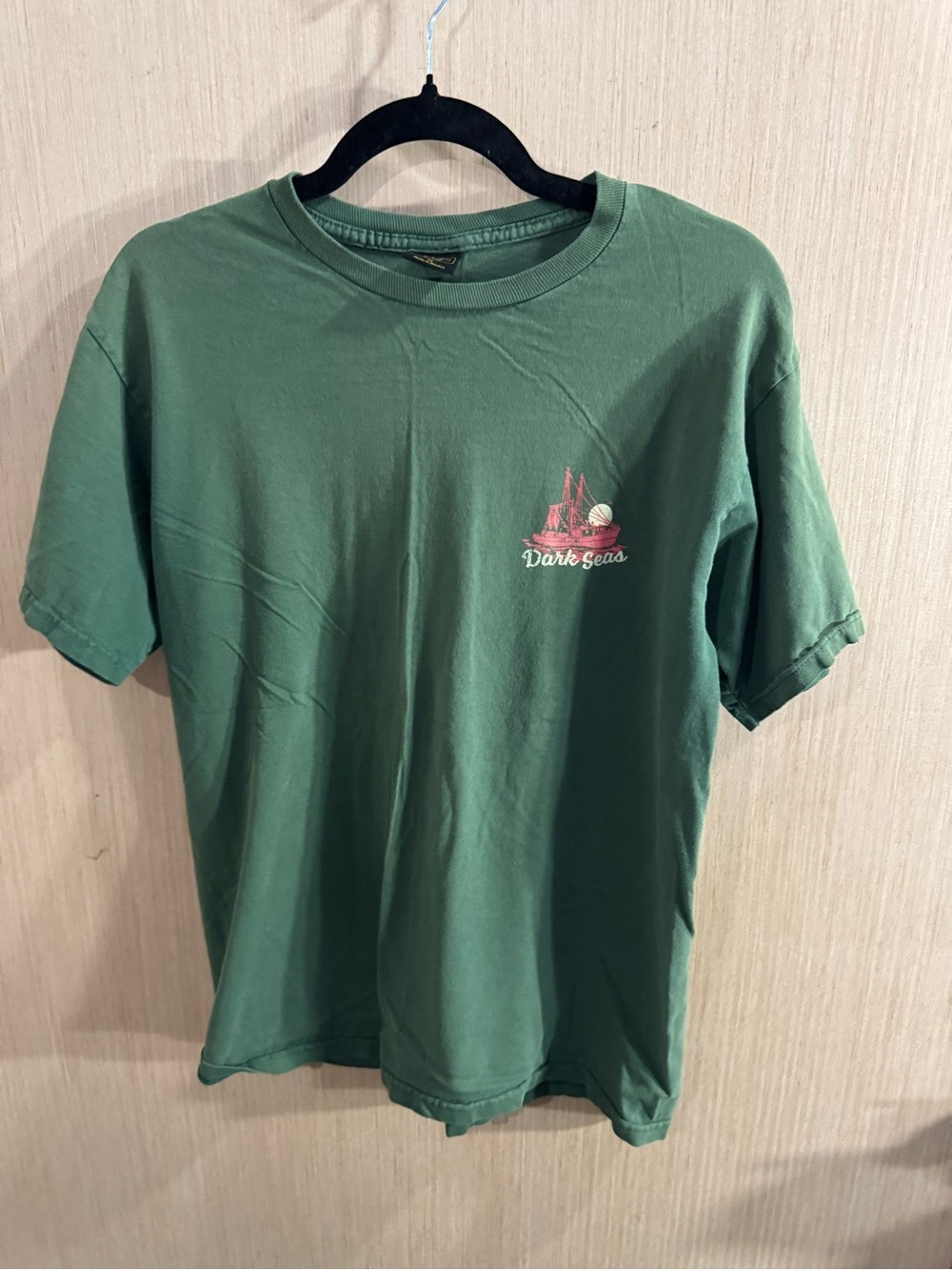Men’s Dark Seas Green Graphic Tee with Coral Pink Logo Size Medium